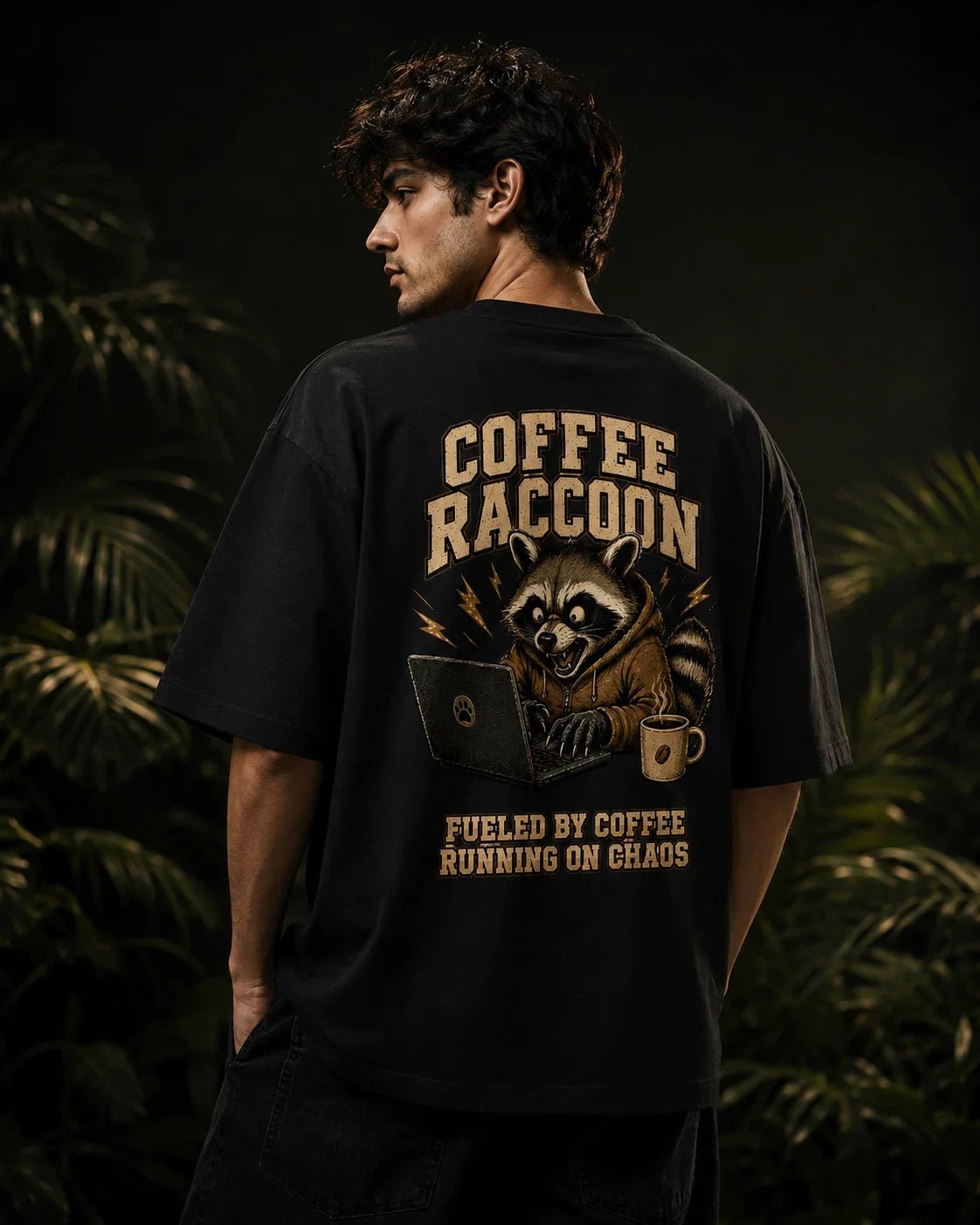 Coffee Raccoon Black Oversized T-shirt