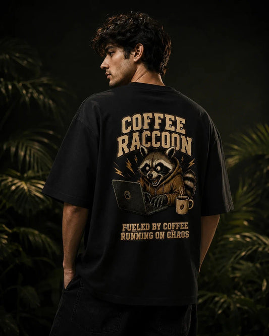 Coffee Raccoon Black Oversized T-shirt