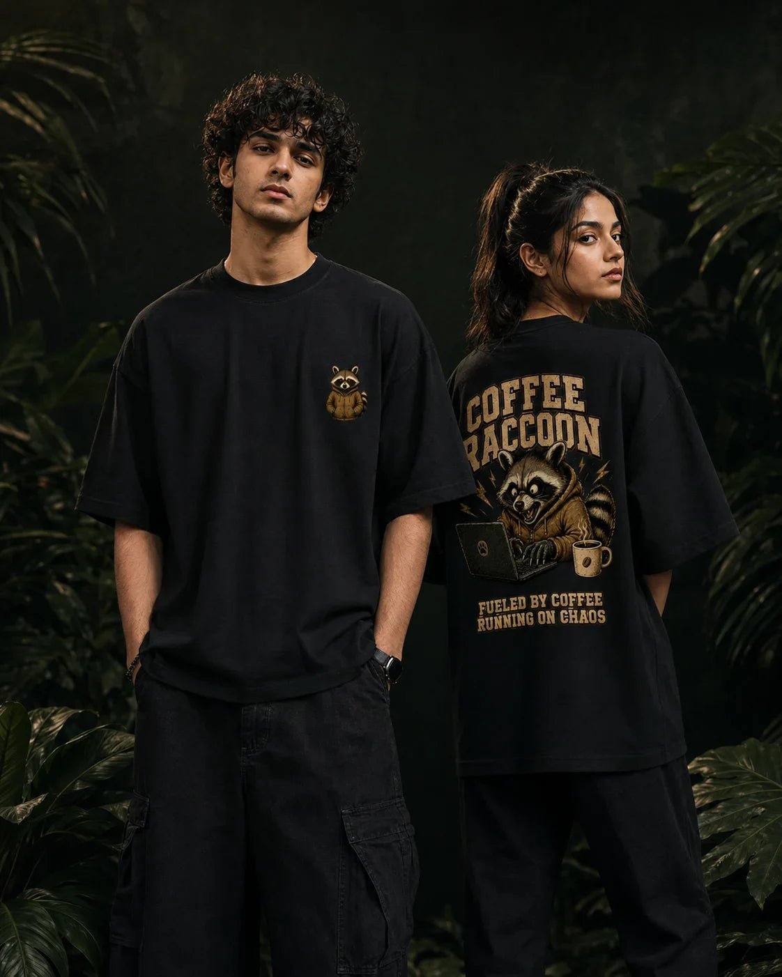 Coffee Raccoon Black Oversized T-shirt