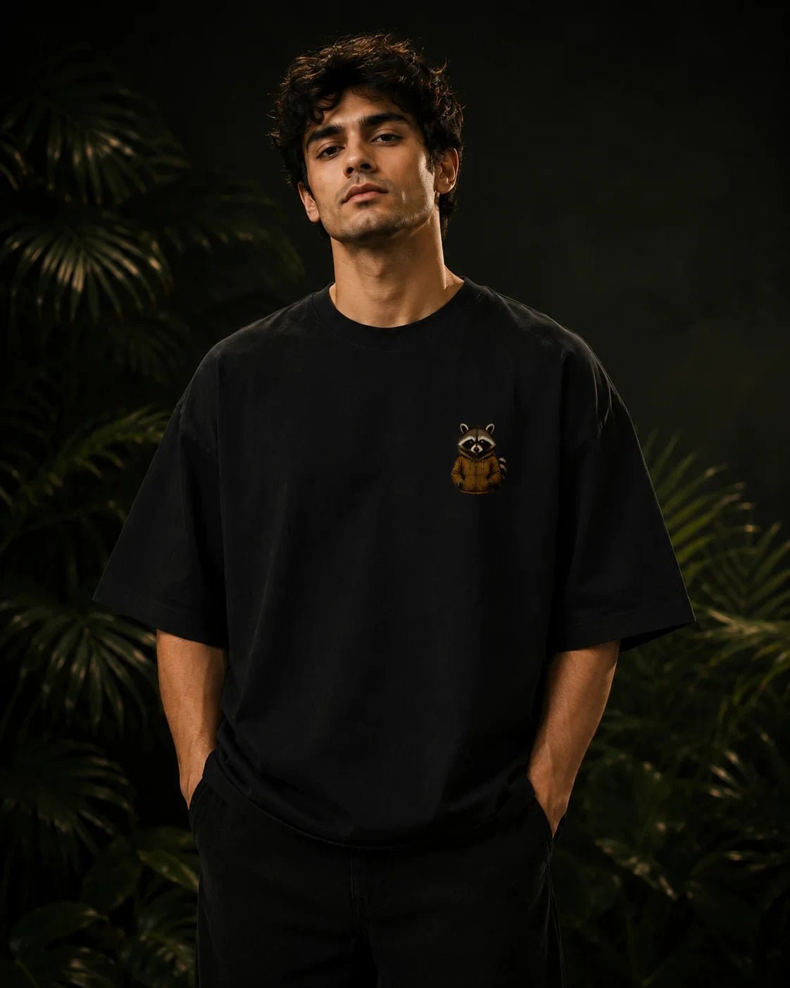 Coffee Raccoon Black Oversized T-shirt
