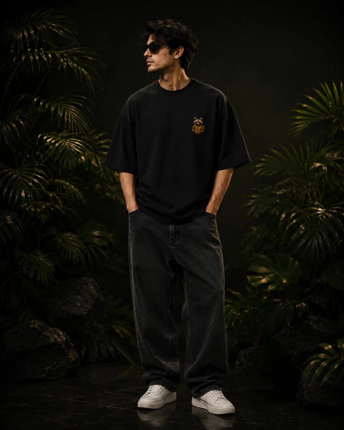 Coffee Raccoon Black Oversized T-shirt