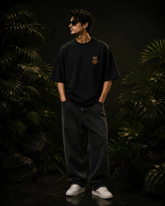 Coffee Raccoon Black Oversized T-shirt