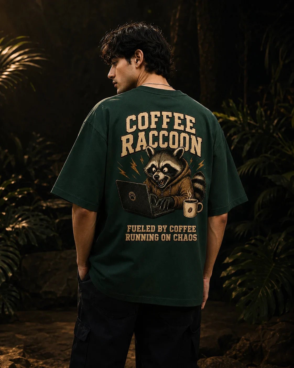 Coffee Raccoon Bottle Green Oversized T-shirt