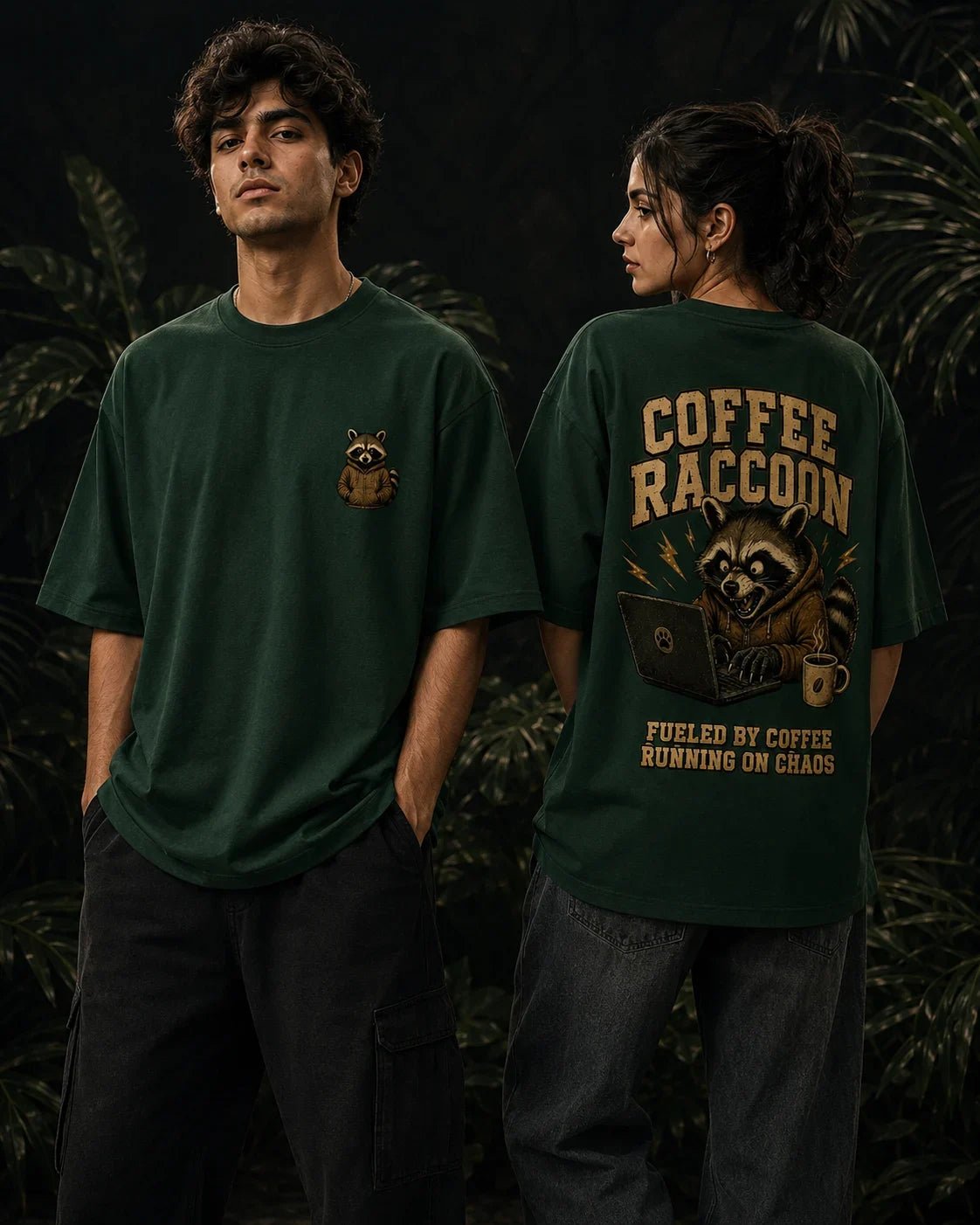 Coffee Raccoon Bottle Green Oversized T-shirt