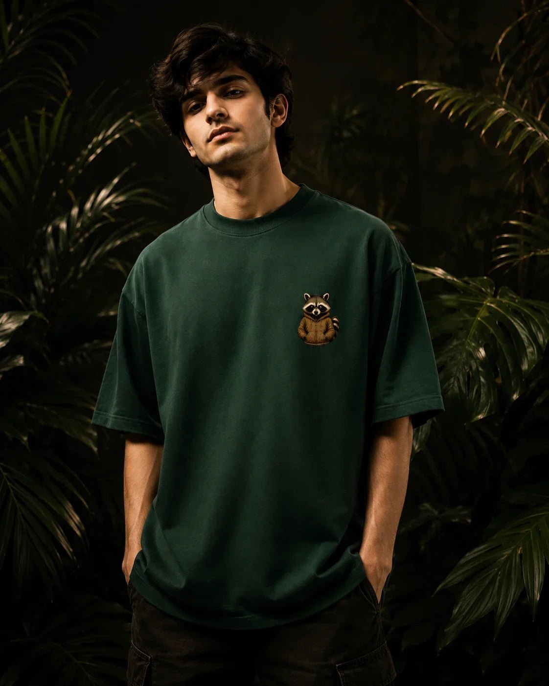 Coffee Raccoon Bottle Green Oversized T-shirt