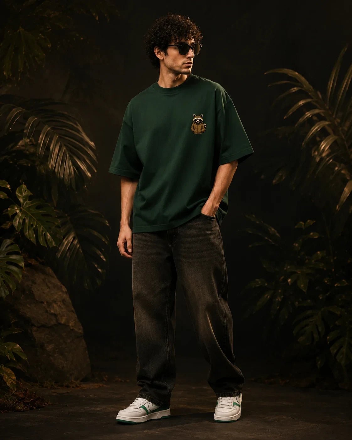 Coffee Raccoon Bottle Green Oversized T-shirt