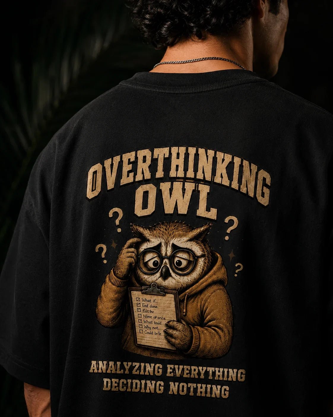 Overthinking Owl Black Oversized T-shirt