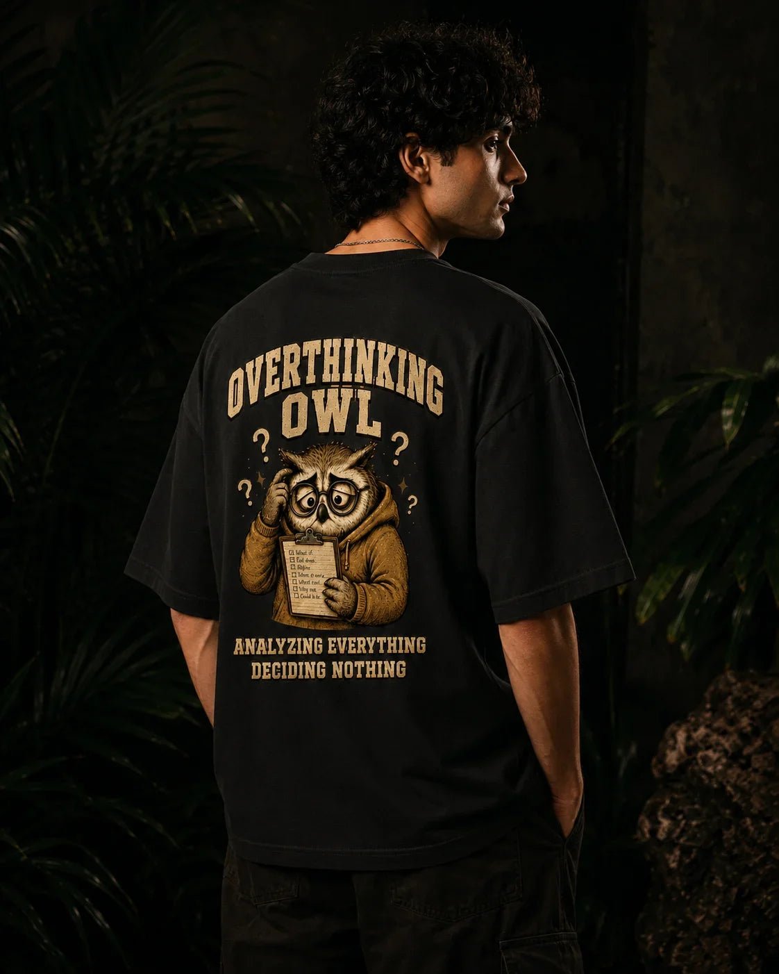 Overthinking Owl Black Oversized T-shirt
