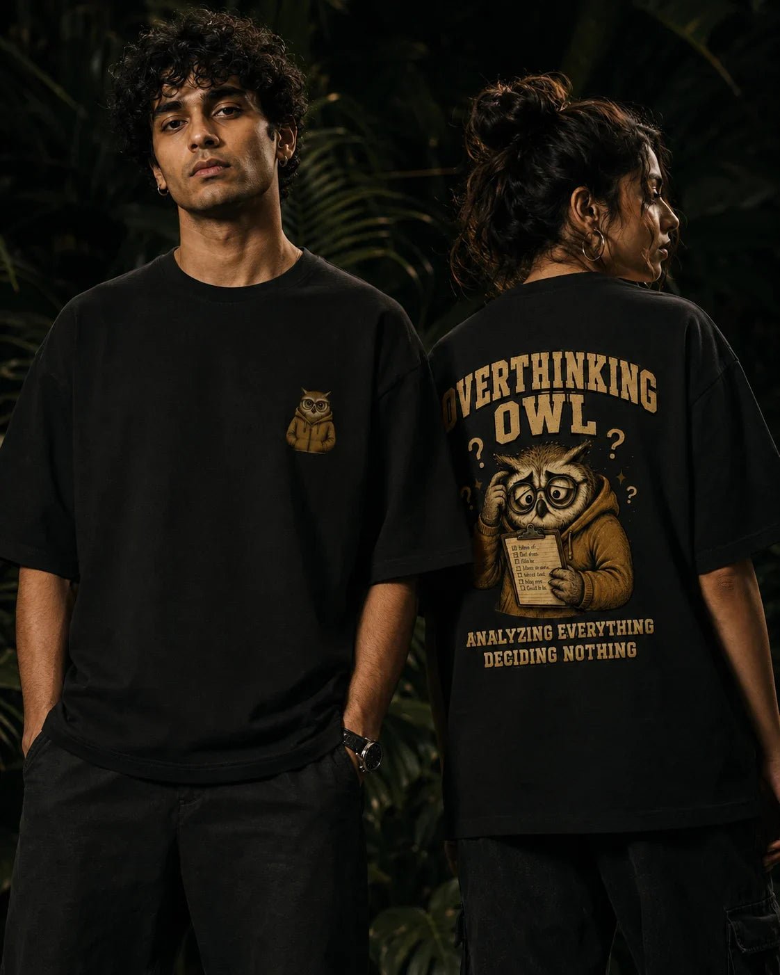 Overthinking Owl Black Oversized T-shirt