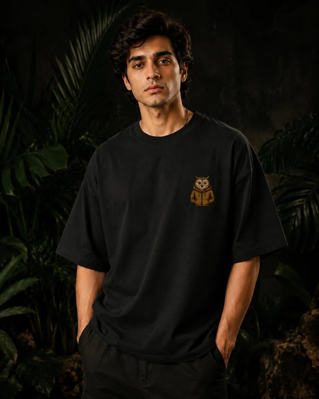 Overthinking Owl Black Oversized T-shirt
