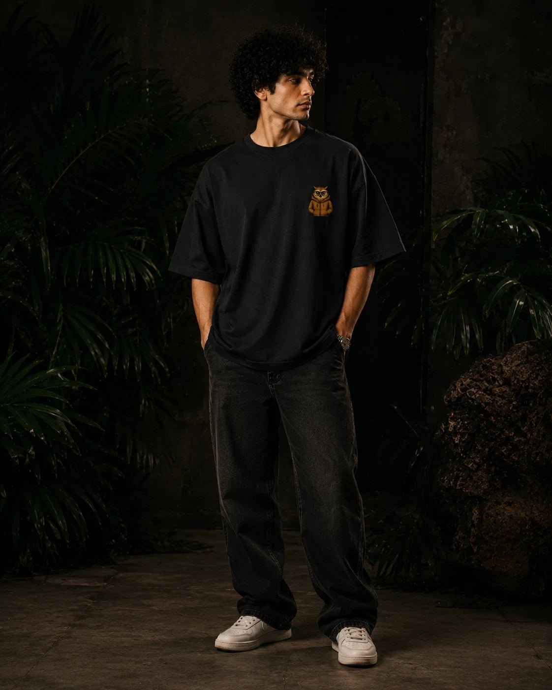 Overthinking Owl Black Oversized T-shirt