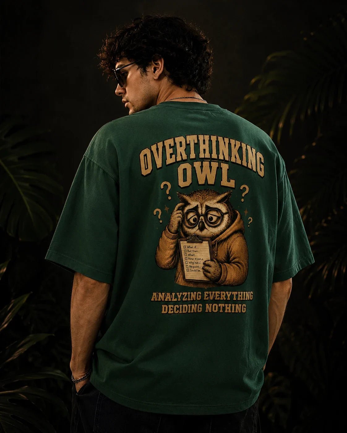 Overthinking Owl Bottle Green Oversized T-shirt