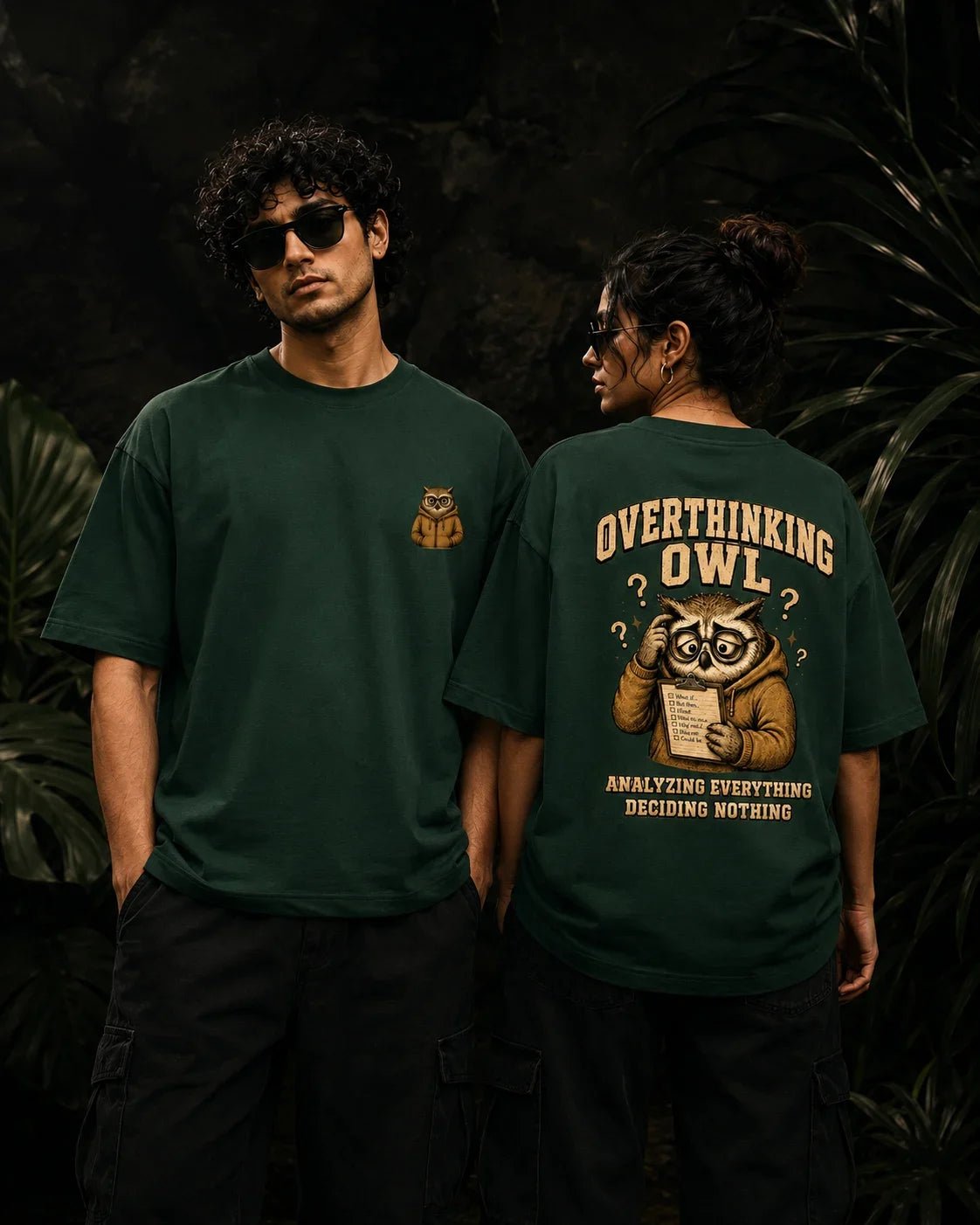 Overthinking Owl Bottle Green Oversized T-shirt